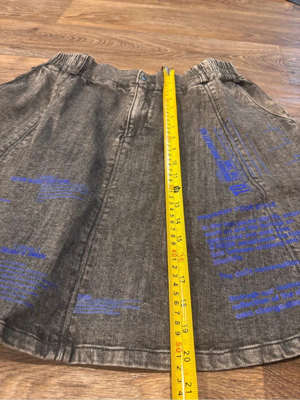 S DEER Concept Acid Wash Denim Mini Skirt Gray Blue Graphic A Line Womens XL